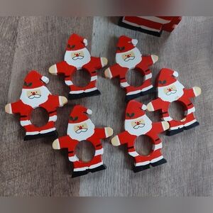 Vintage Napkin Rings Holders Wooden Santa Claus Christmastime Set Of 6